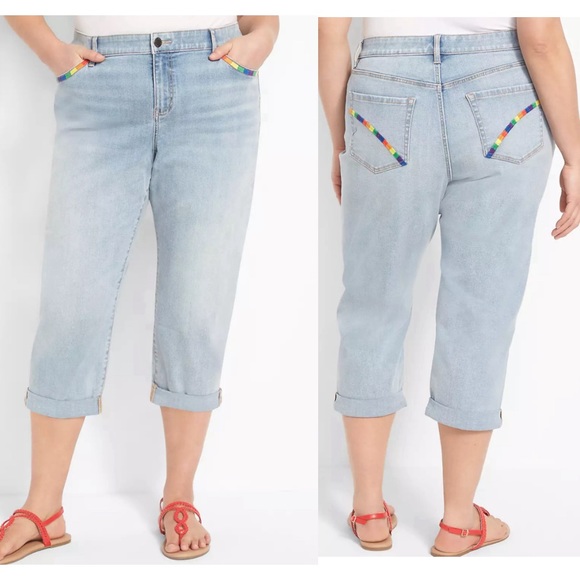 Lane Bryant Jeans Size 16 Mid Rise Boyfriend Capri Flex Waistband Rainbow Detail - Picture 1 of 11